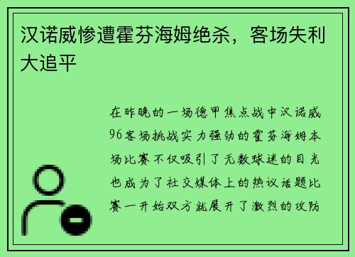 汉诺威惨遭霍芬海姆绝杀，客场失利大追平