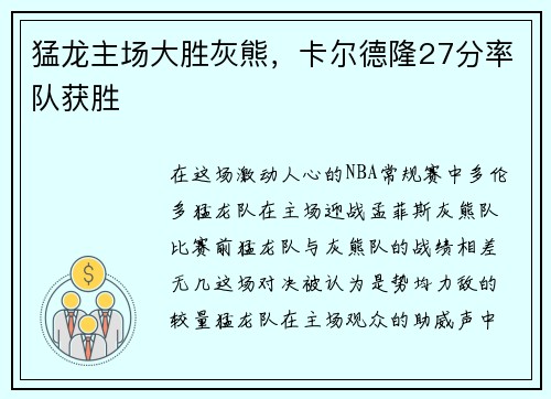 猛龙主场大胜灰熊，卡尔德隆27分率队获胜