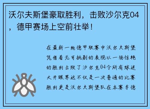 沃尔夫斯堡豪取胜利，击败沙尔克04，德甲赛场上空前壮举！