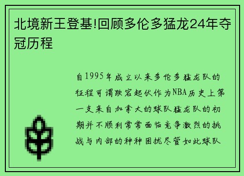 北境新王登基!回顾多伦多猛龙24年夺冠历程